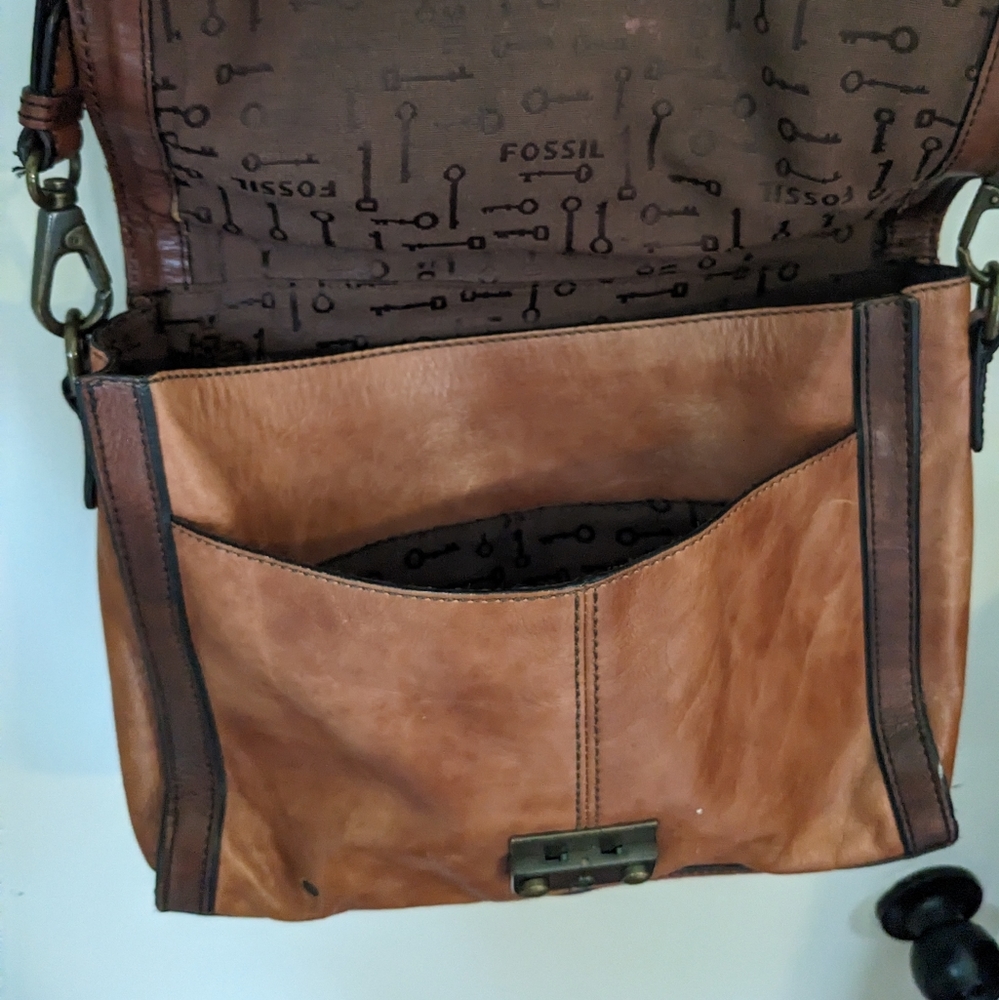 Fossil Two Tone Brown Leather Briefcase Messenger Tote Large Laptop Bag - Picture 7 of 8
